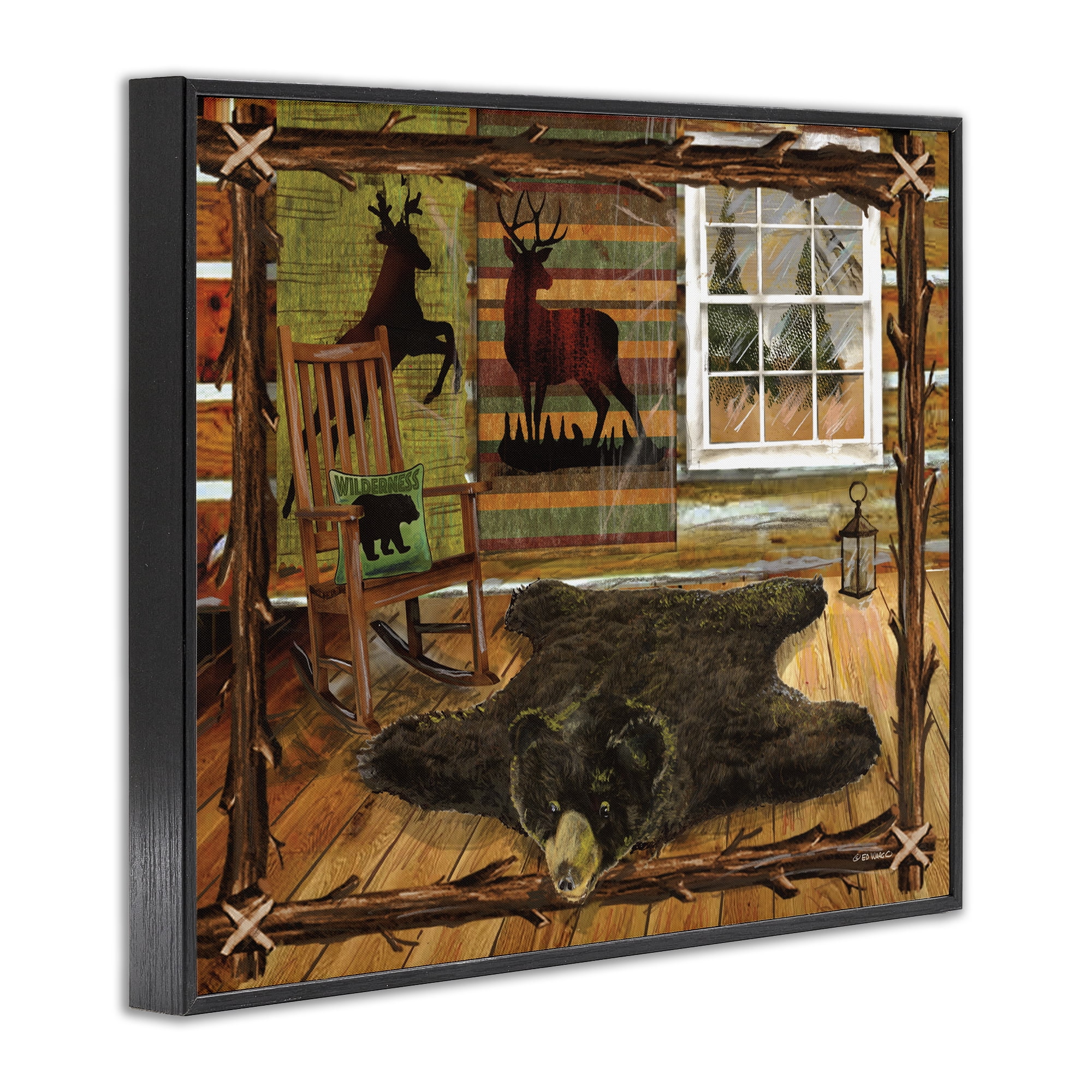 Stupell Industries Rustic Cabin with Border Animals & Insects Painting Black Framed Art Print Wall Art, 14 x 11