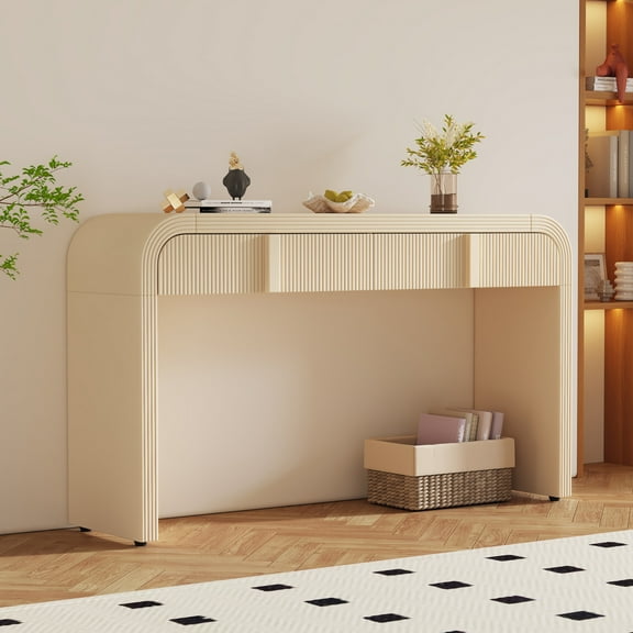 Smooth Surface Console Table, Unique Modern Rounded Silhouette  Table Console with 2 Drawers, Tall Console Table for Living Room and Entryway, Apricot Cream