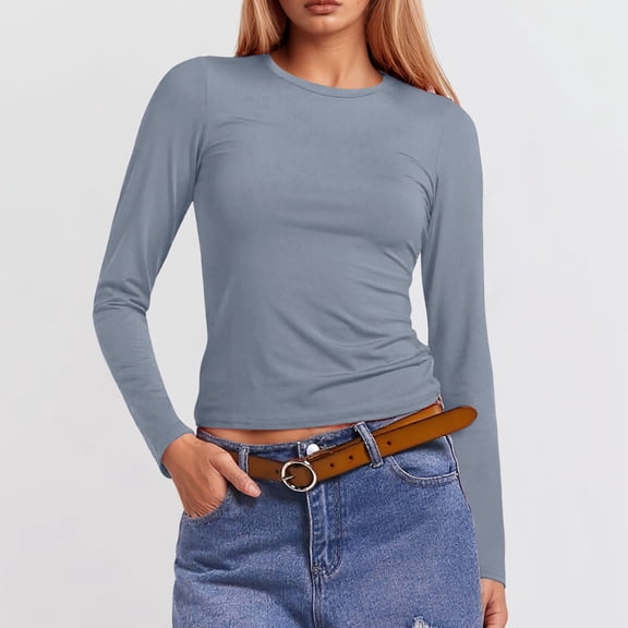 Womens Long Sleeve Shirts Loose Fitted Crew Neck T Shirts Classic Solid Color Fall Basic Work Tee Vacation Clothes Light Blue L