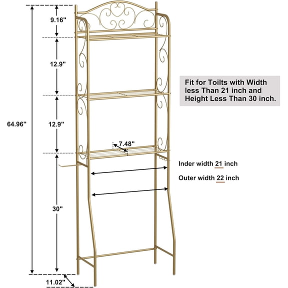 Over The Toilet Storage Shelf, 3-Tier Over Toilet Bathroom Organizer Rack, Freestanding Space Saver Toilet Stands with Hooks, Gold
