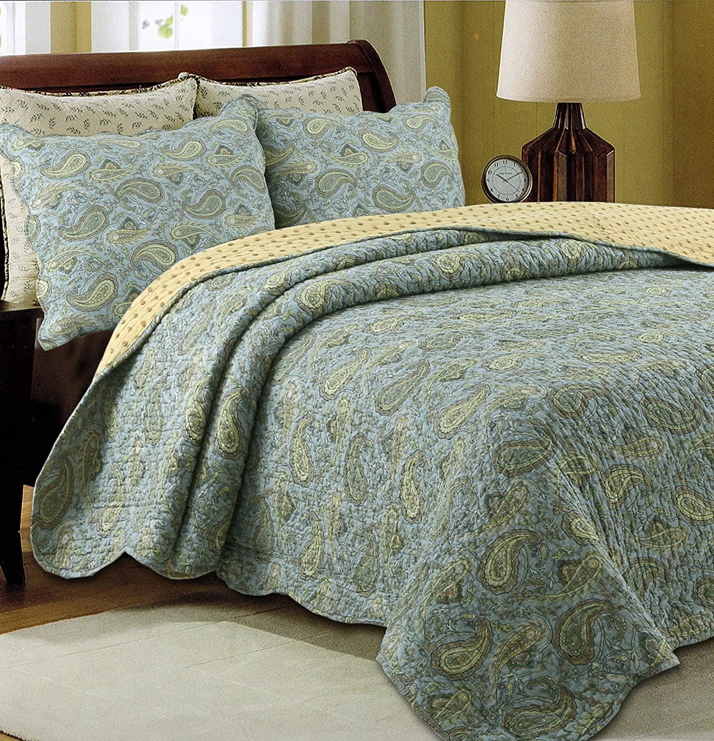 Brandream Green Paisley Quilt Bedding Set Luxury Oversized Queen Quilt Set Soft Cotton Romantic Bedspreads Queen Size 3-Piece 