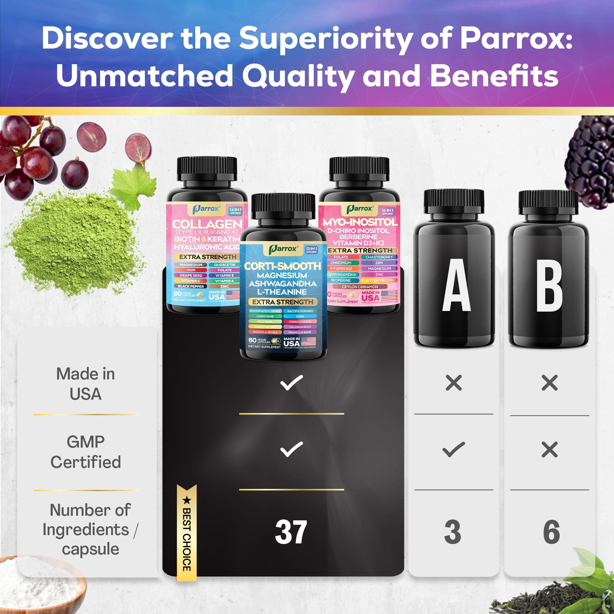 Parrox Ultimate Wellness Bundle – Collagen Peptides Types I, II, III, V, X with Biotin & Keratin,Myo-Inositol,DIM,Vitex,L-Theanine,Berberine,Lions Mane,Cortisol Support,Magnesium,Ashwagandha (3 Pack)