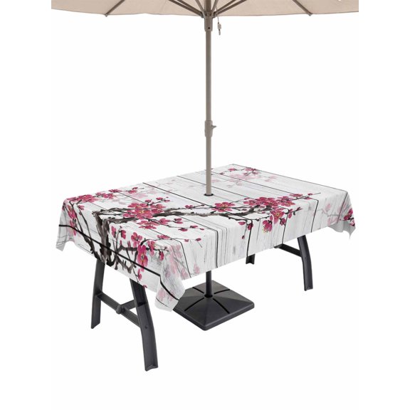 Outdoor Tablecloth with Umbrella Hole for Patio/Picnic/Party/Camping, Red Cherry Waterproof Table Cloth Rectangle Table Cover Washable, Spring Floral Branches Ink Painting Art Wood Gray (54"x 80")