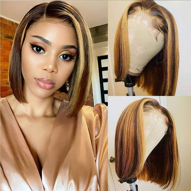 Highlight 4/27 Short Bob Lace Closure Human Hair Wigs For Black Women 180% Density Brazilian Hair Straight 4x4 Lace Closure Brown Blonde Mixed Colored Wig Highlight 4/27 Short Bob Lace Closure Human Hair Wigs For Black Women 180% Density Brazilian Hair Straight 4x4 Lace Closure Brown Blonde Mixed Colored Wig