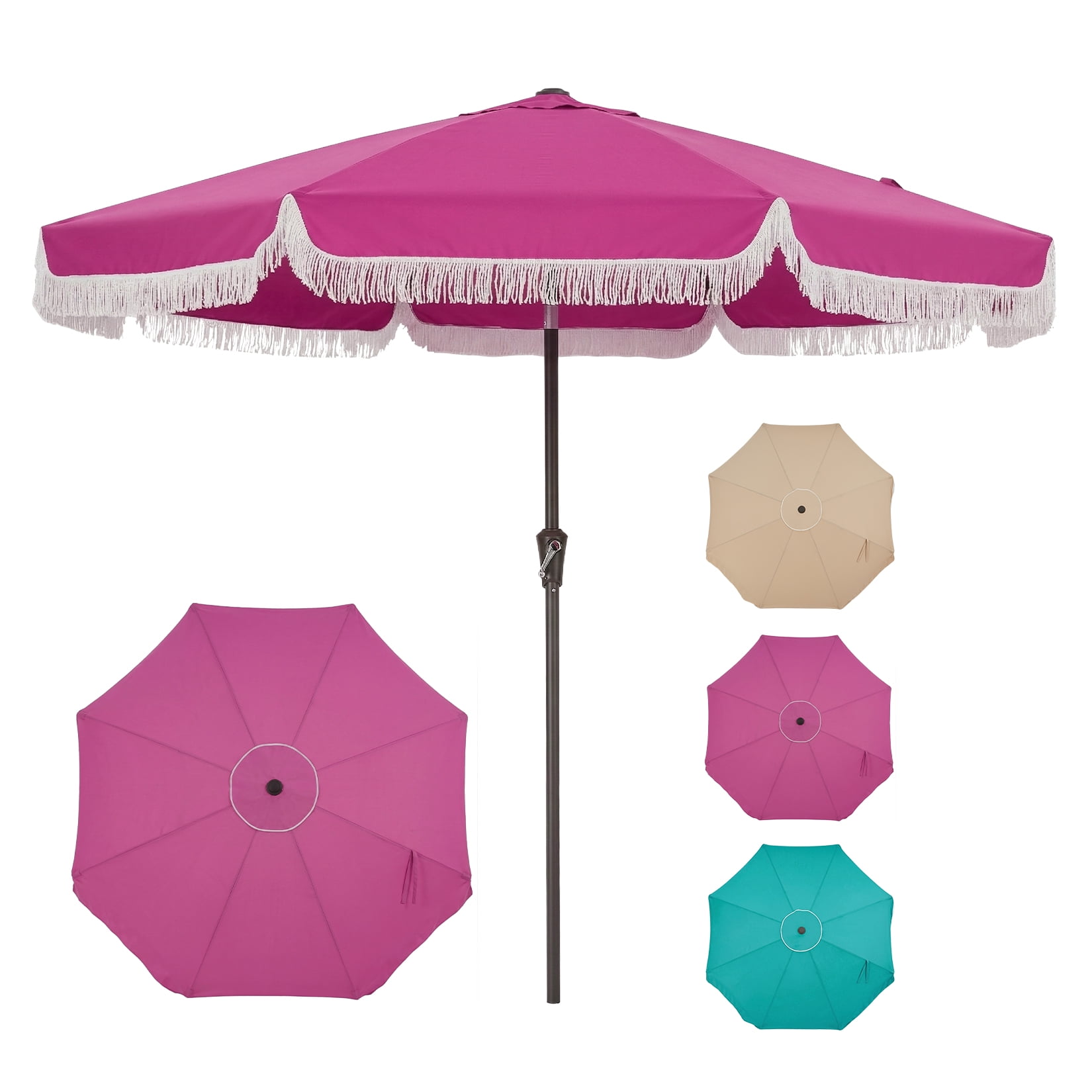 9FT Fringe Patio Umbrella with Crank Handle, Push Button Tilt, 8 Fiberglass Ribs, 1.5" D Premium Steel Pole, Outdoor Tassel Umbrella for Beach Pool