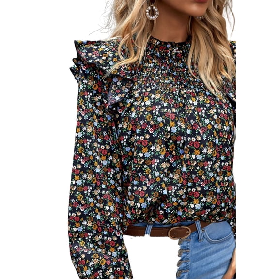 Floral Print Ruffle Shirred Neck Long Sleeve Blouse for Women Black Small