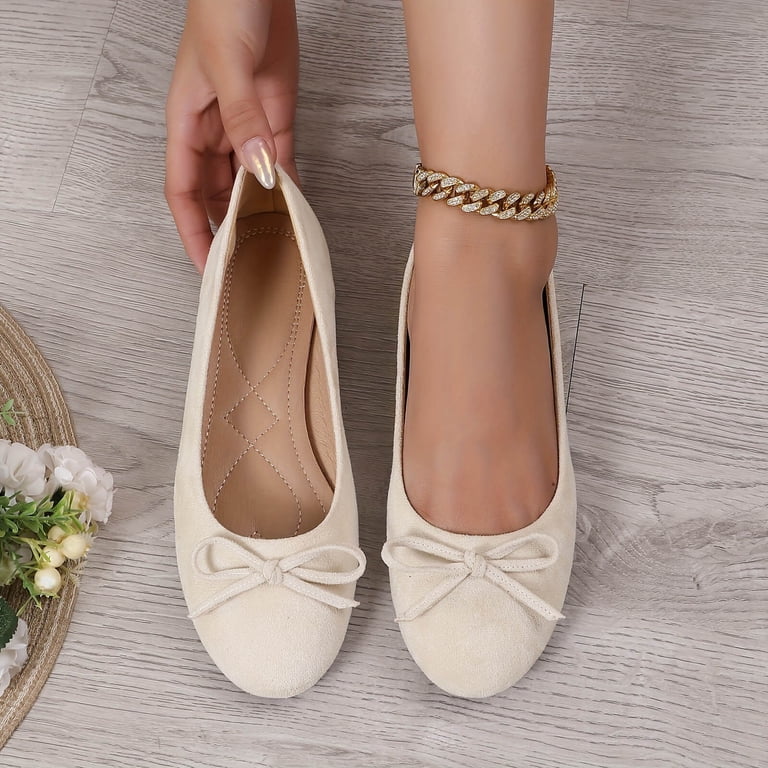 Beige Womens Bow Flat Shoes Round Toe Comfortable Casual Slip On Dress Shoes Lightweight Breathable For Spring Summer Everyday Wear Size 37