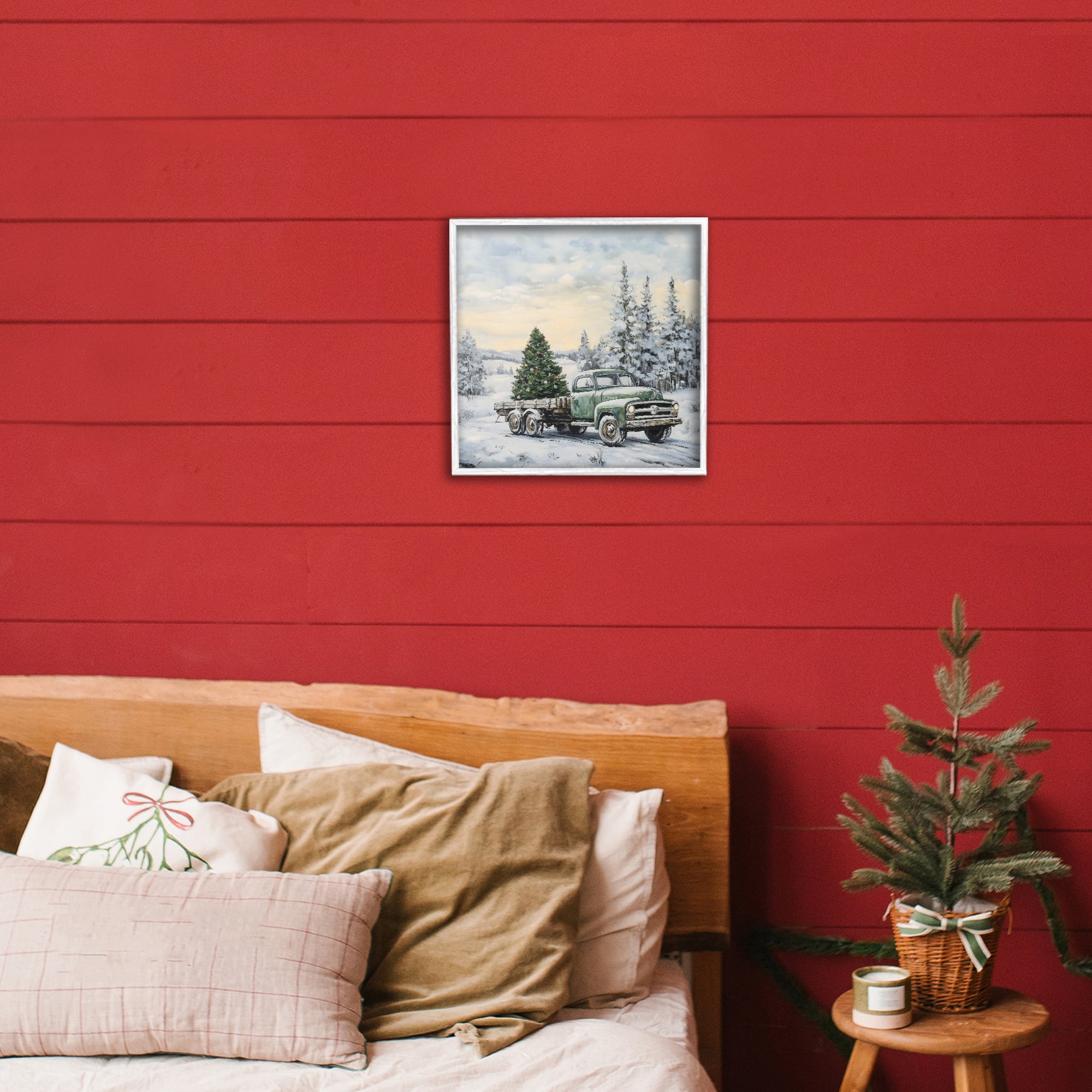Green Christmas Tree Truck White Framed Giclee Art, design by Petal Prints Design