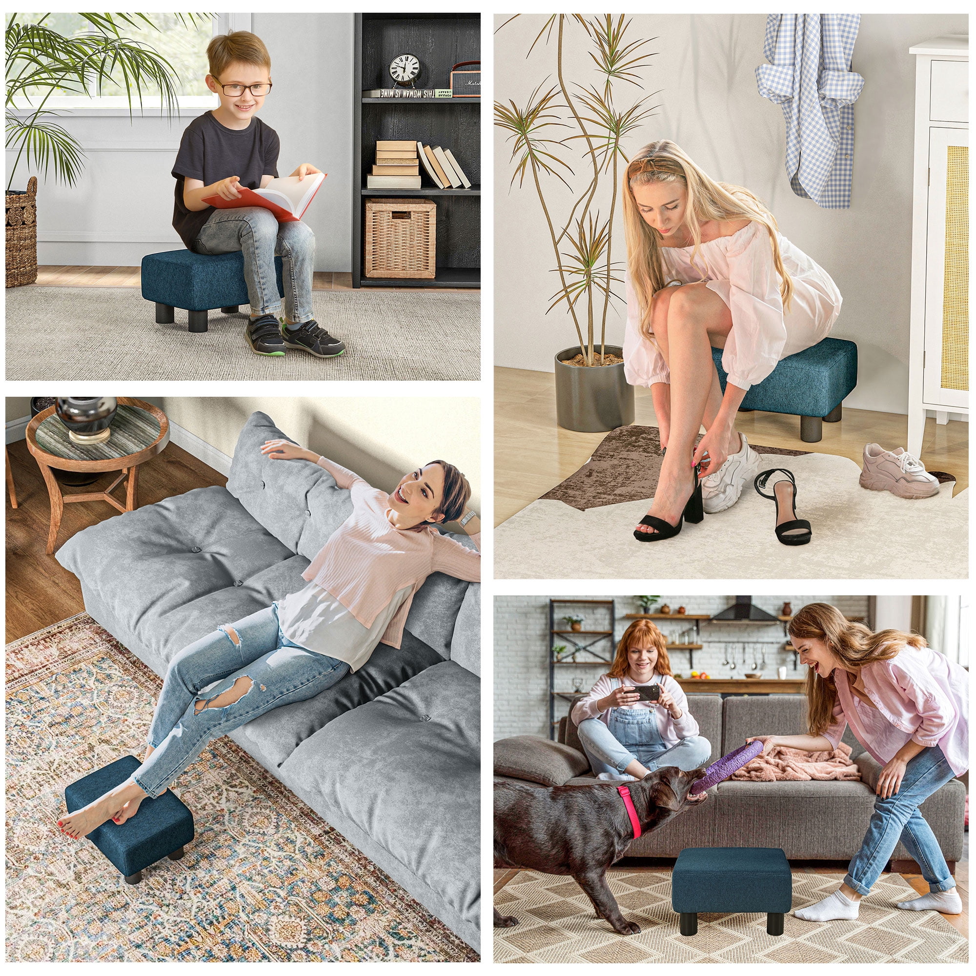 HOMCOM Ottoman Foot Rest, Small Foot Stool with Linen Fabric Upholstery, Blue