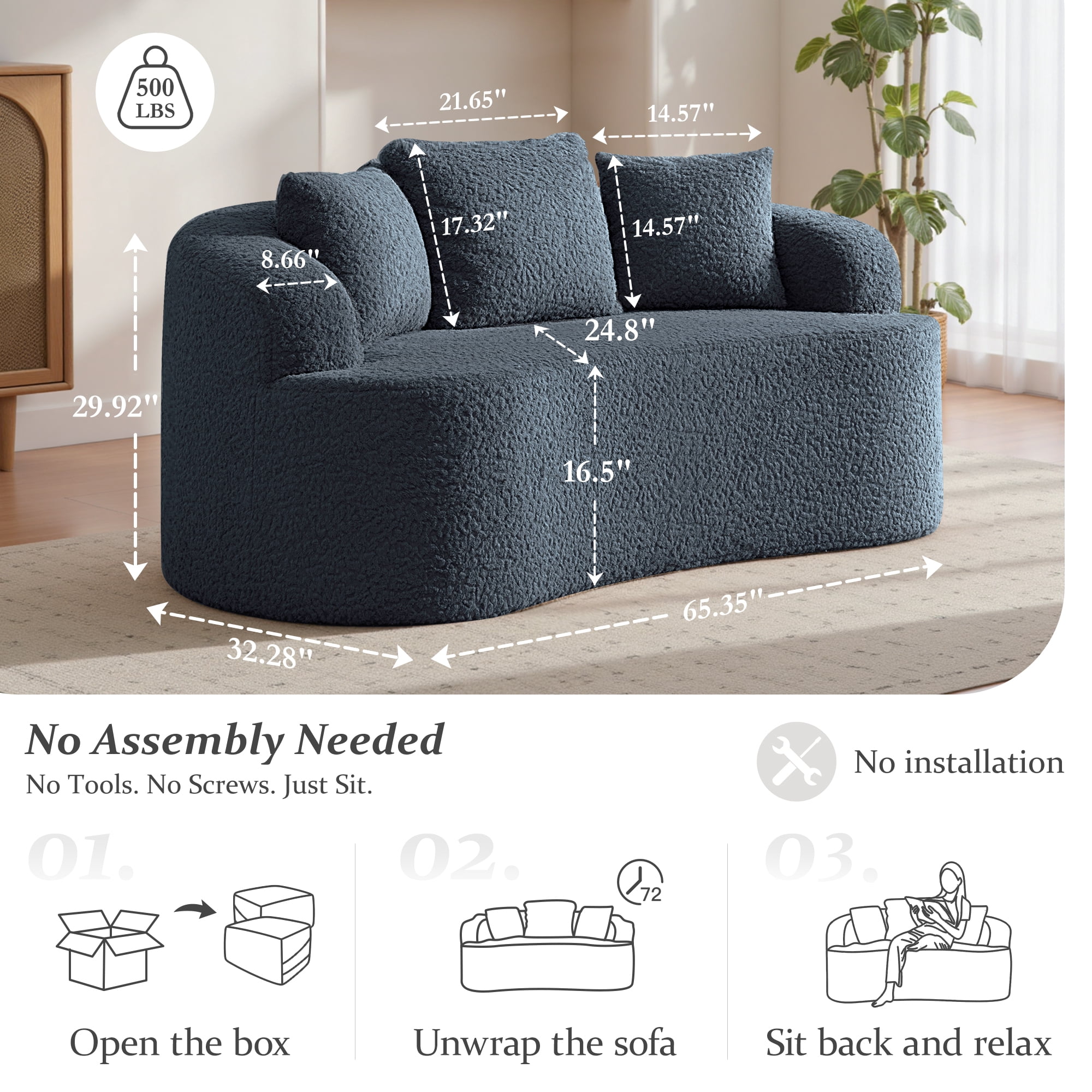 COOLHUT 65" 3 Seater Sofa Couch, Plush Floor Sofa Couch with Cozy Cushions & 3 Pillows, Curved Back Teddy Fabric Sofa for Living Room, Small Space, Navy Blue (Sofa-in-a-Box)