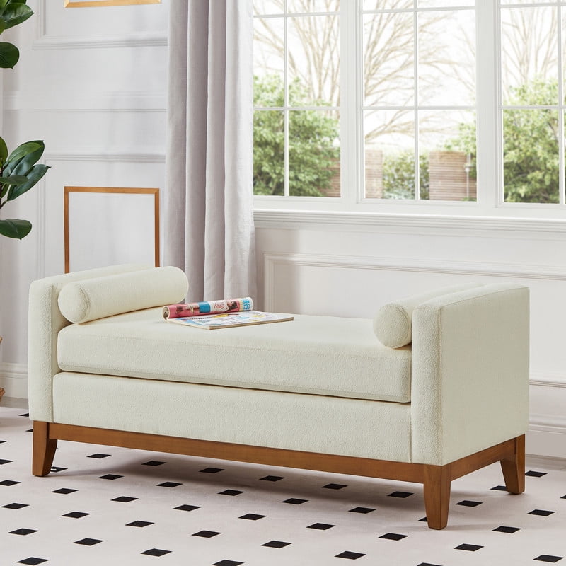 51" Storage Ottoman Bench with Arms and Pillows, Large Boucle Upholstered Tufted End of Bed Bench with Thick Padded Seat for Entryway, Living Room,Bedroom, Beige