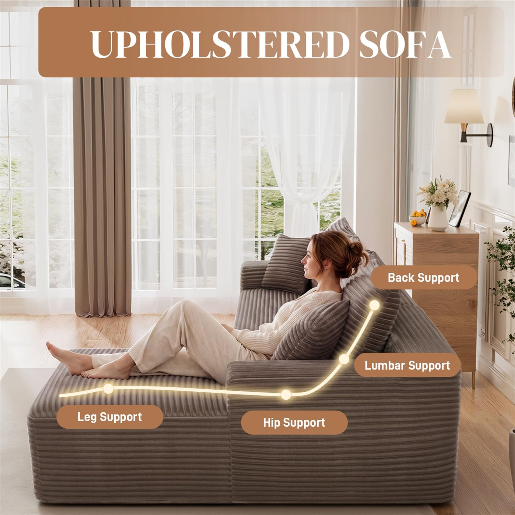 Aukfa 108" Cloud Sectional Sofa Deep Seat Boneless Couch Modular L-Shaped Couch, Rihgt Chaise Corduroy Sofa for Living Room, Brown