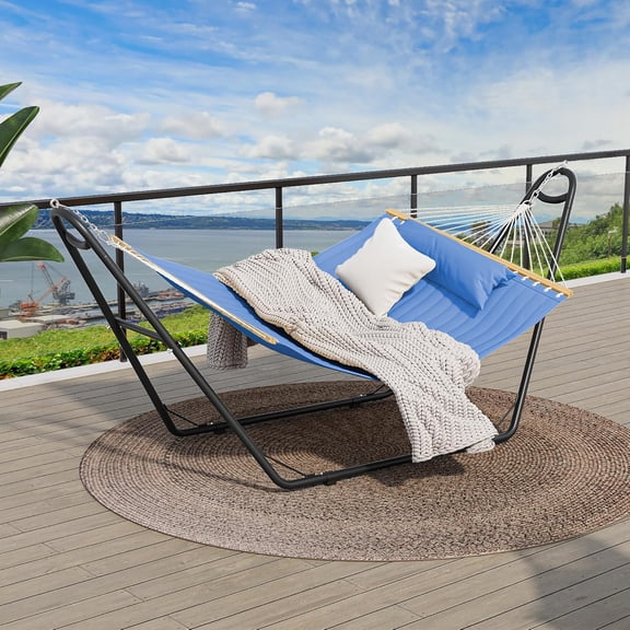 HarmonyStrings Hammock with Stand Included Hammock Heavy Duty Hammocks Waterproof Portable Hammock with Pillow Storage Bags 450lbs for Outdoors,Backyard, Blue