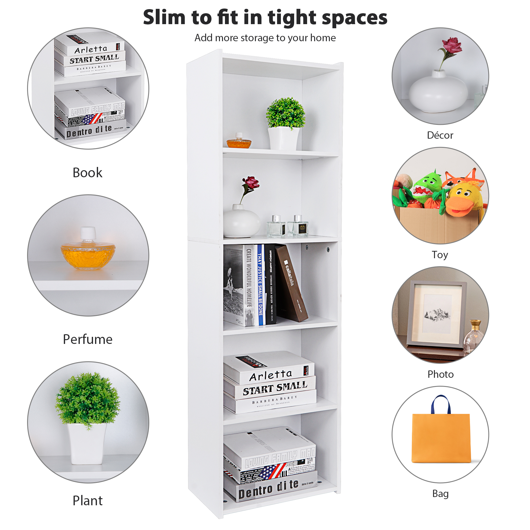 HomGarden 5-Tier Open Shelf Bookcase, White photo 6