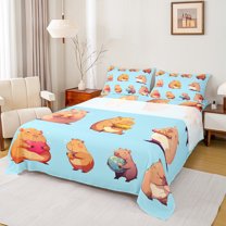 Homewish Cartoon Capybara 4 Pieces Queen Sheet Sets for Preppy Children Kids,Kawaii Animal Ultra Soft Flat Sheet,Cute Wildlife Queen Fitted Sheet,Microfiber Bedroom Decor