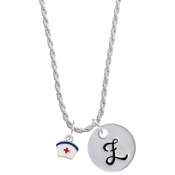 Delight Jewelry Silvertone Mini Nurse Hat Silvertone Script Initial Disc - Z - Charm Necklace, 20"+3"
