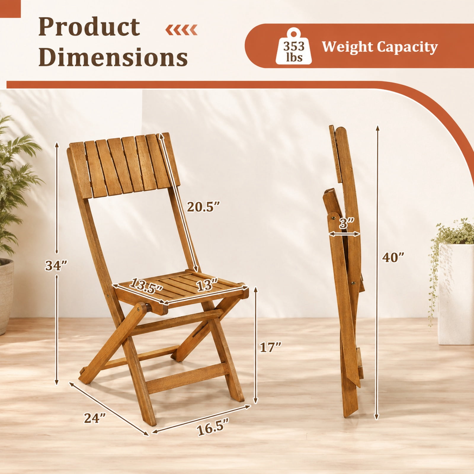 Biotree 2 Pack Folding Chair 34" x 24" for Patio Camping Dining Portable Folding Seat for Outdoor, Brown