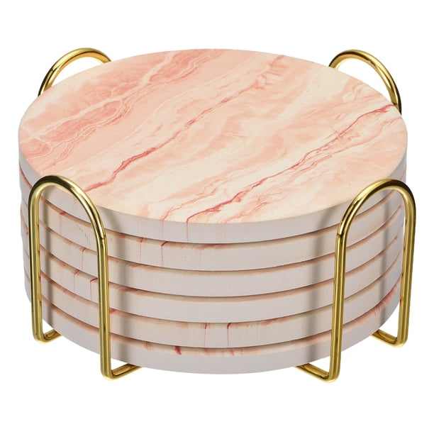 Bebida Portavasos con Soporte, 6uds 4 - Corcho Base Posavasos para Bebidas, Arenisca Estilo para Tipos de Tazas, Hogar Decoración, Madera Mesa (Naranja)