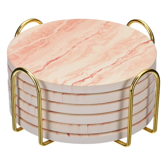 Bebida Portavasos con Soporte, 6uds 4 - Corcho Base Posavasos para Bebidas, Arenisca Estilo para Tipos de Tazas, Hogar Decoración, Madera Mesa (Naranja)
