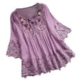 thumbnail image 1 of Jophufed Women Summer Tops Vintage Lace Patchwork Bow V-Neck Three Quarter Blouses Top T-Shirt Flash picks, 1 of 5