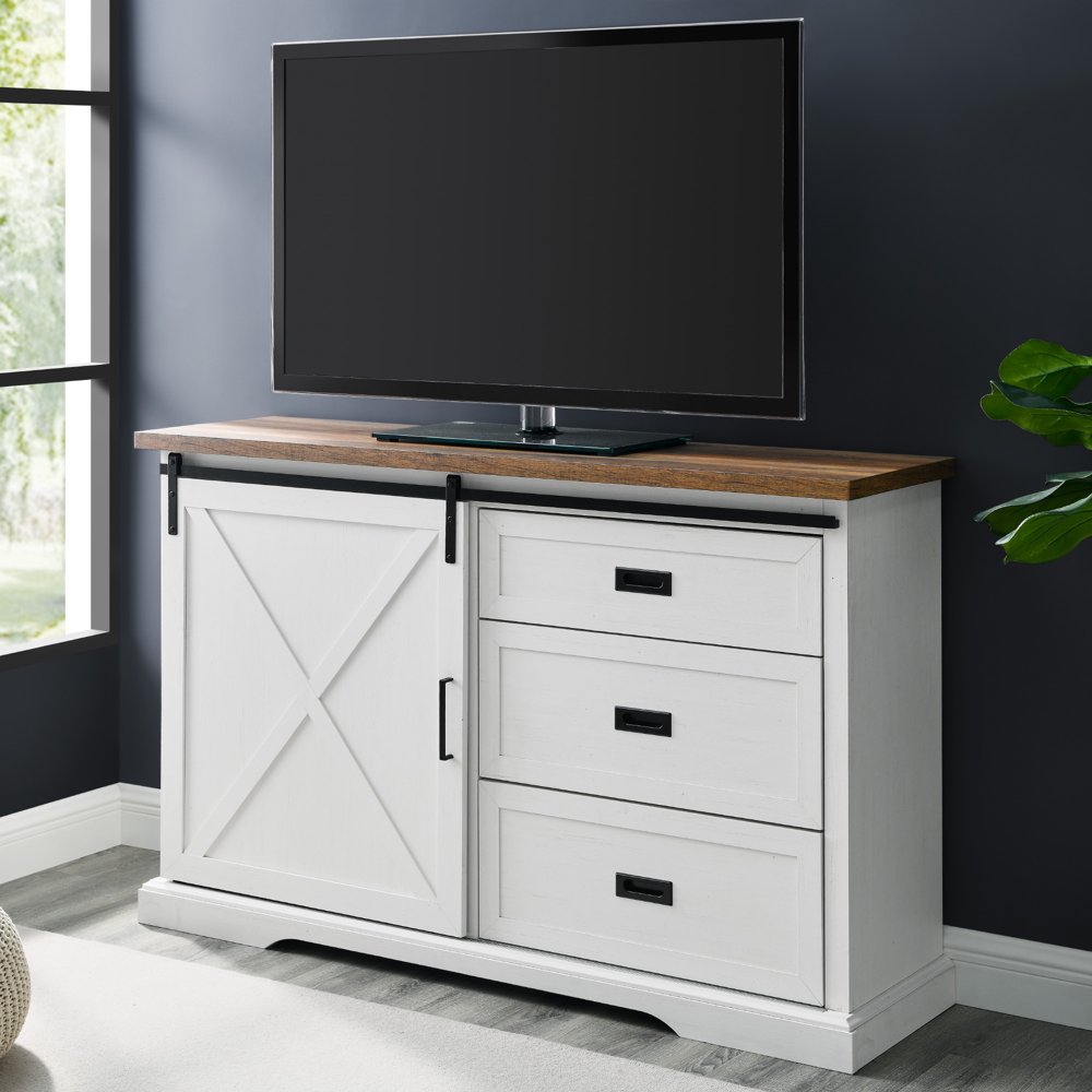 Manor Park Sliding Door TV Stand for TVs up to 60", White/Barnwood