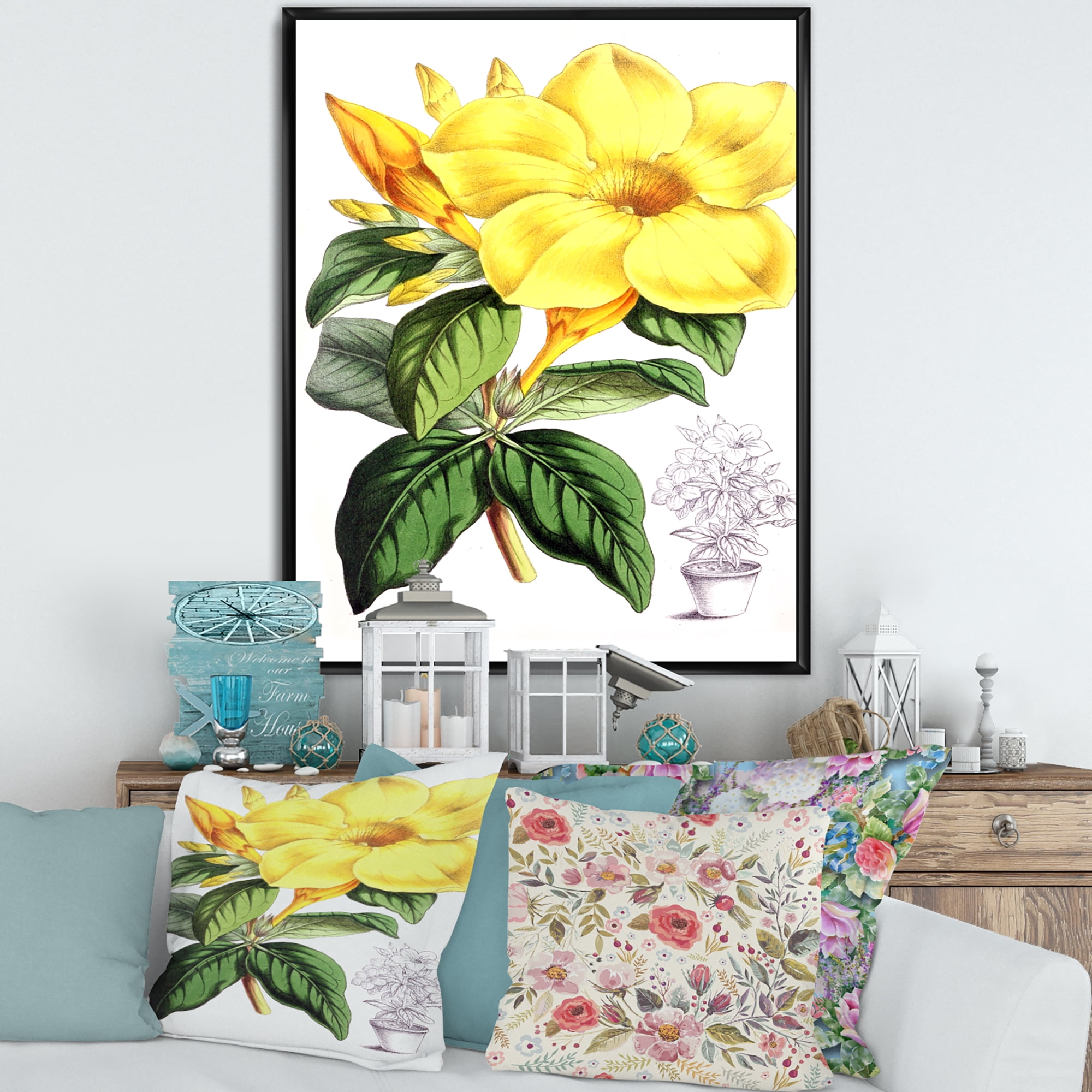 Green Leaves With Tropical Yellow Flowers II 30 in x 40 in Framed Painting Canvas Art Print, by Designart