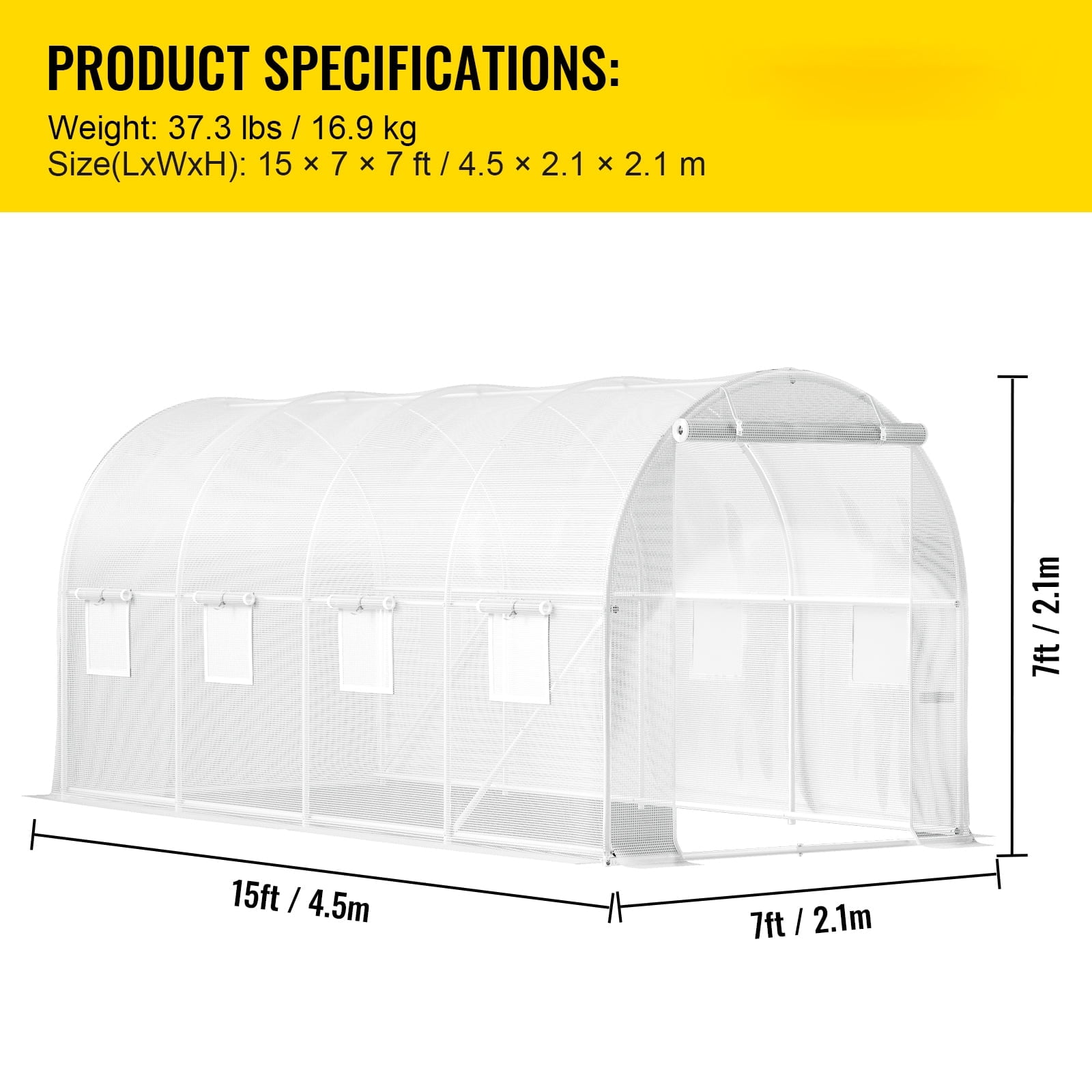 KFFKFF 15 x 6.5 x 7 ft Walk-through Tunnel Greenhouse, Movable Plant Warm House with Galvanized Steel Arches, Single Top Beam, Diagonal Rods, Zipper Entrance & 8 Roll-up Windows, White