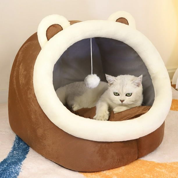 Cama semicerrada para gatos, cálida y de poliéster, con cojín incorporado, con forma de gato y oso, de poliéster.