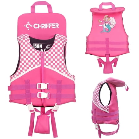 Chriffer Life Jacket with Head Support for 26-33 LBS Beach Pool Water Park Pink Grid S