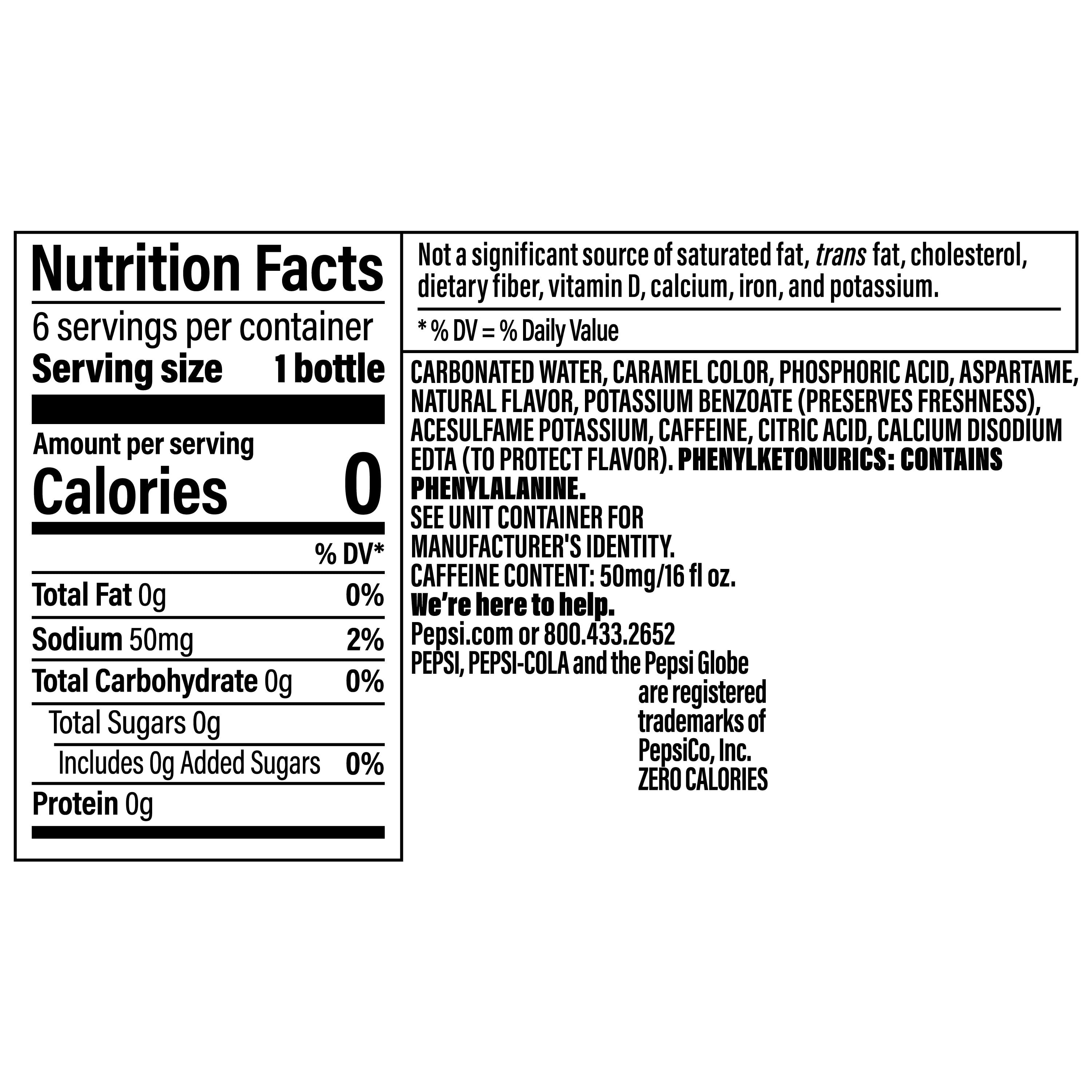 Pepsi Zero Sugar Soda, 16 fl oz., 6 Count