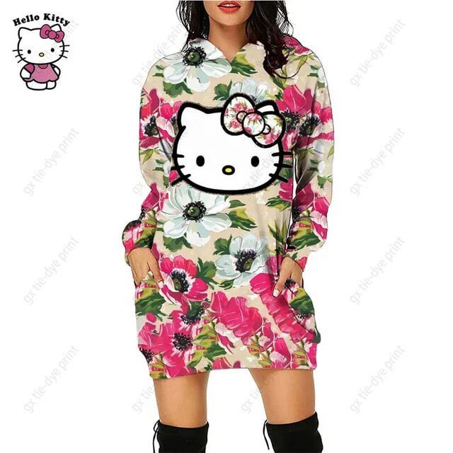 Nouveau Chandail à Capuchon Léopard Hello Kitty Femme Simple Col Rond Polyvalent Chandail Long Bureau Décontracté Ample Chandails à Capuchon Robe d'Automne