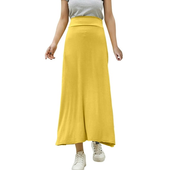 MIXUE Skirts For Women Summer Solid Color Elastic Waist Loose Maxi Skirt Activewear,Yellow,L