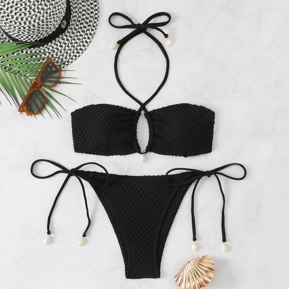 HOMBOM Swimsuit for Women Bikini Two Piece Swimwear Bandeau Black Vacation Ladies Bathing Suit High Waisted