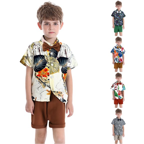 XAOFW Back To School Outfits For Boys Short Sleeve Floral Print Bowtie Shirt Shorts Baby Toddler Summer Gentleman Sets 2-3 Years