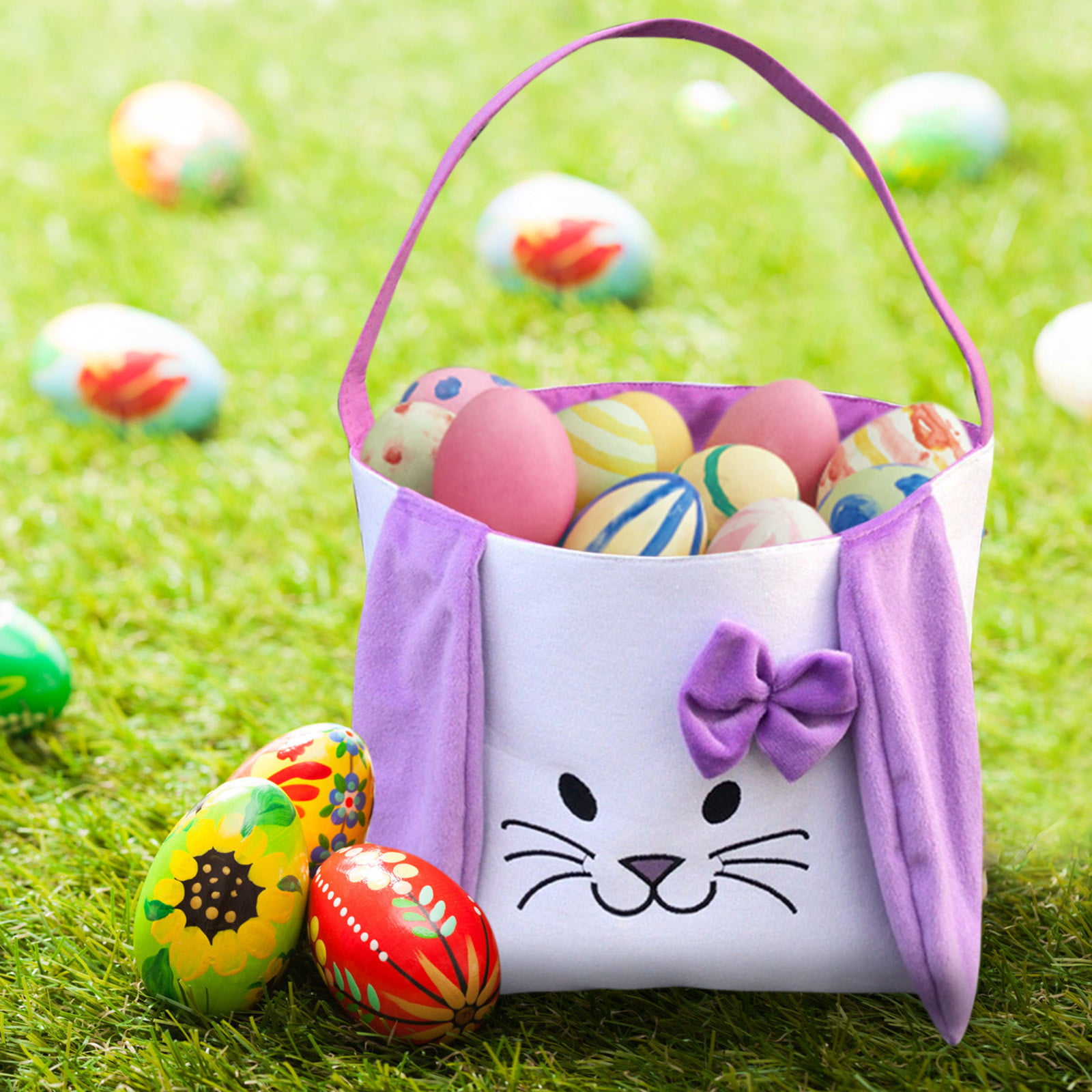 Spring Easter Baskets Hampers for Children Kids 2 PCS Easter Egg Hunt Baskets Easter Gifts Bags for Eggs Hunting Easter Bunny Bags with Handle Candy Chocolate Egg Carry Bucket at Easter Party