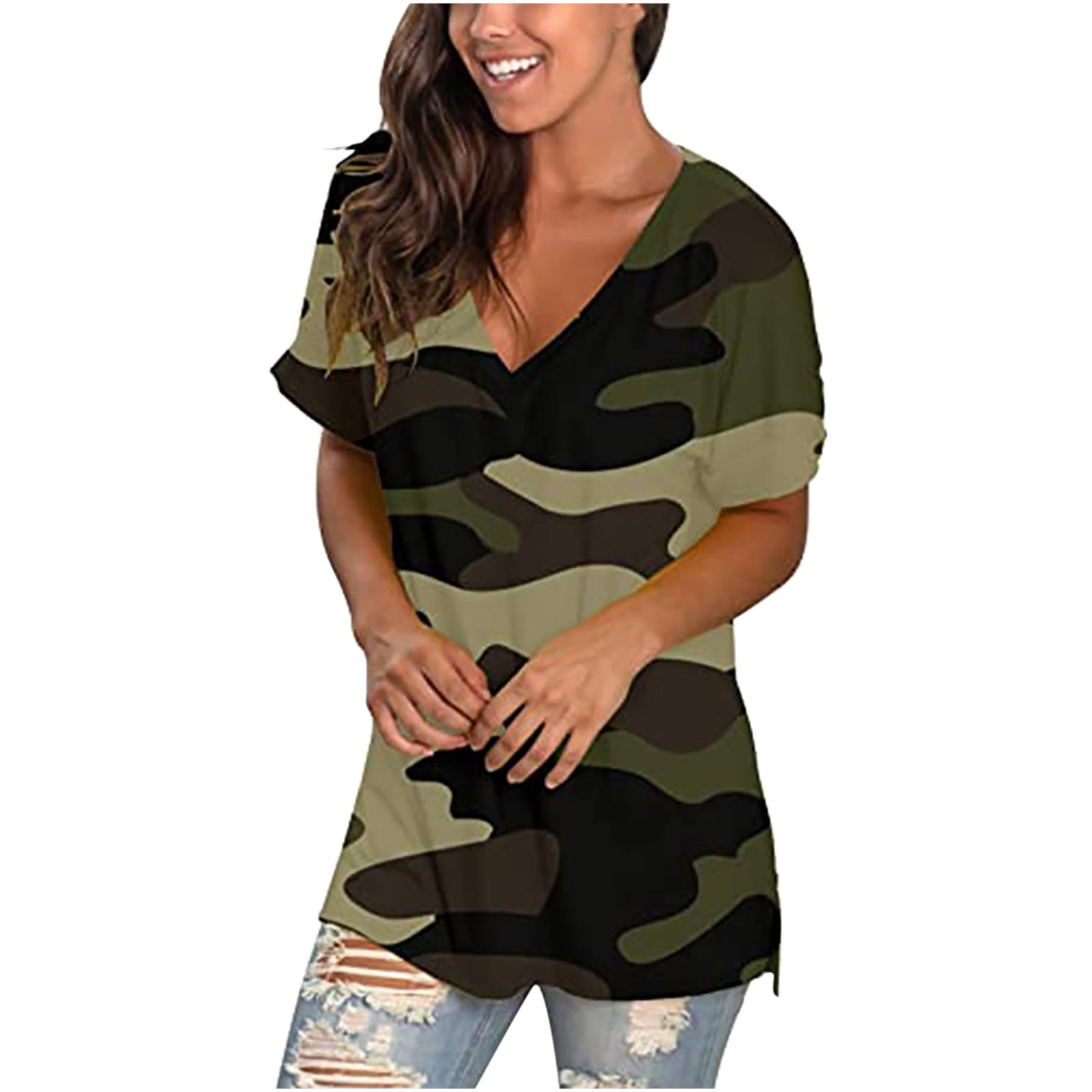 Plus Size Womens Clothing Tops Cold Shoulder Casual Camouflage Tee Shirts Blouse 