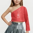 thumbnail image 3 of Ugoldhm Little Girls and Big Girls One Shoulder Shirts Crop Metallic Sparkle Tops for Dance, 3 of 4