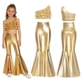 thumbnail image 2 of iiniim Metallic Sequins Jazz Dance Outfits for Girls 2pcs Ruffle Crop Top with Slit Flared Pants Prom Party Wear Gold 16, 2 of 7