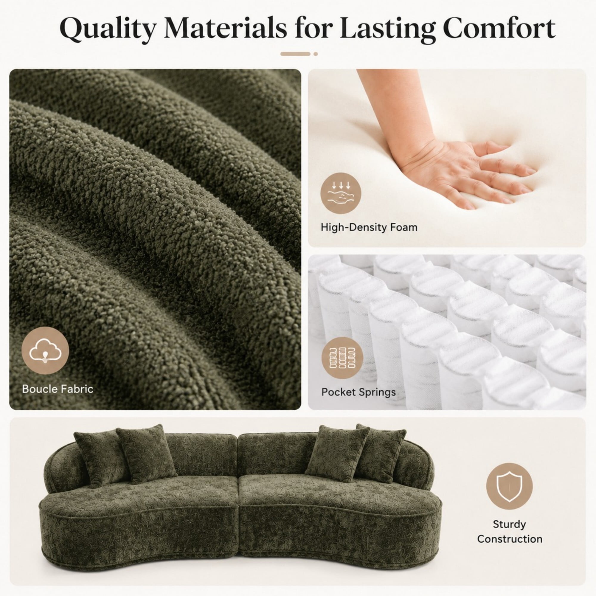 DEALTOPS 114" Modular Boucle Curved Sectional Sofa, 4-Seater Cloud Couch with No Assembly, Green