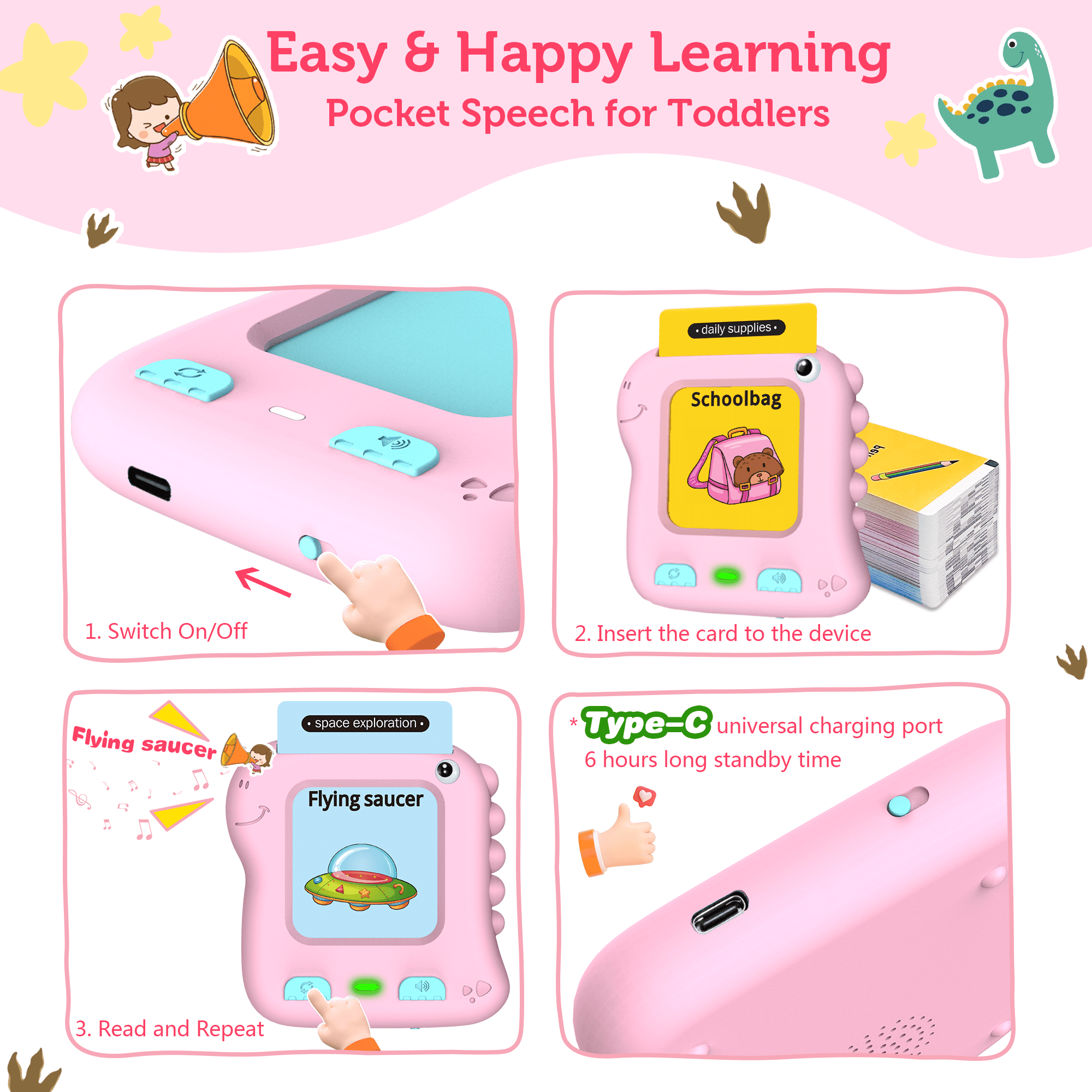 JONZOO Dino Talking Flash Cards - 234 Sight Words Speech Therapy Toys For Toddlers 1-5 Years