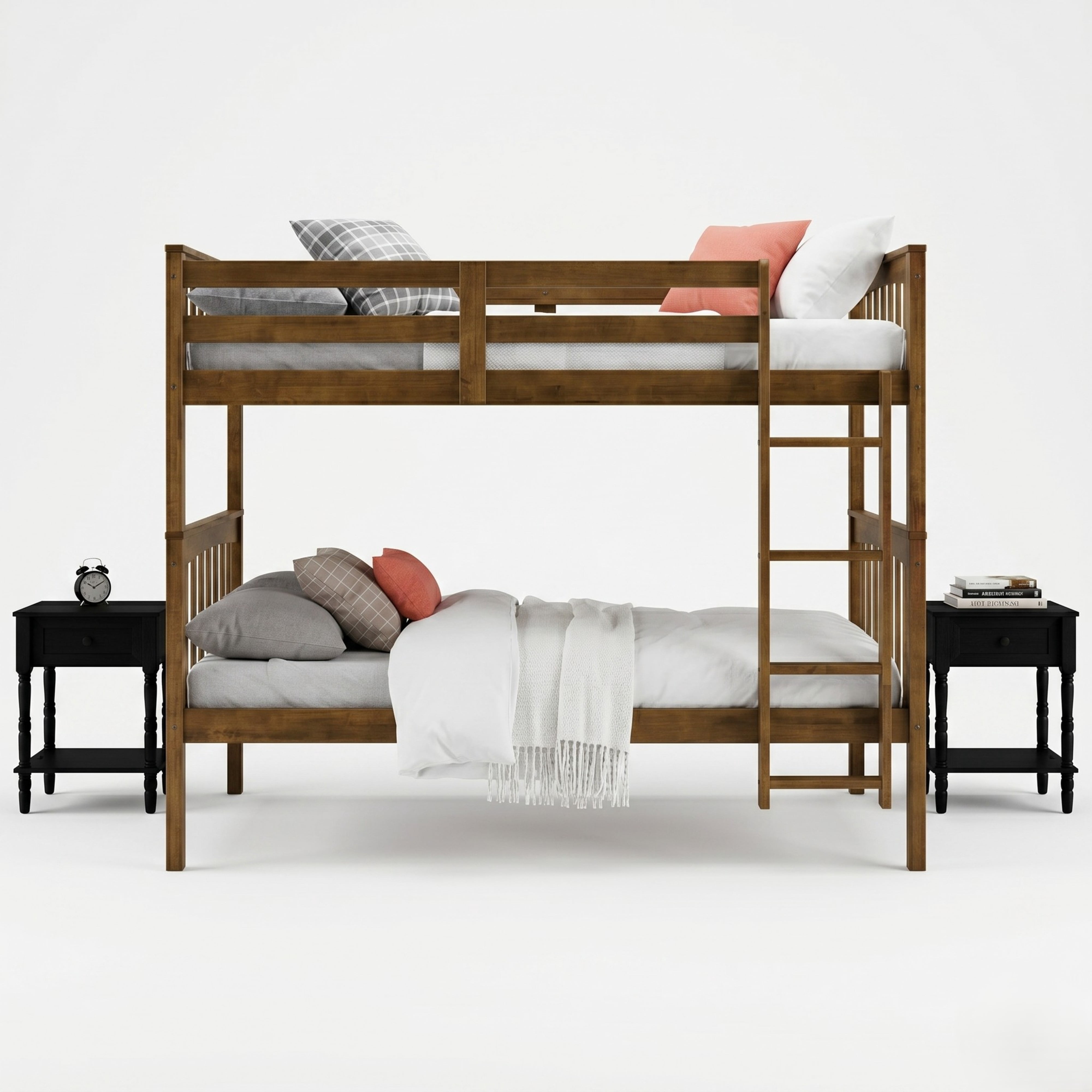 Home Design Ames Twin Over Twin Solid Wood Bunk Bed with 2 Ruston Nightstand – 3-Piece Space-Saving Bedroom Set, Brown/ Black