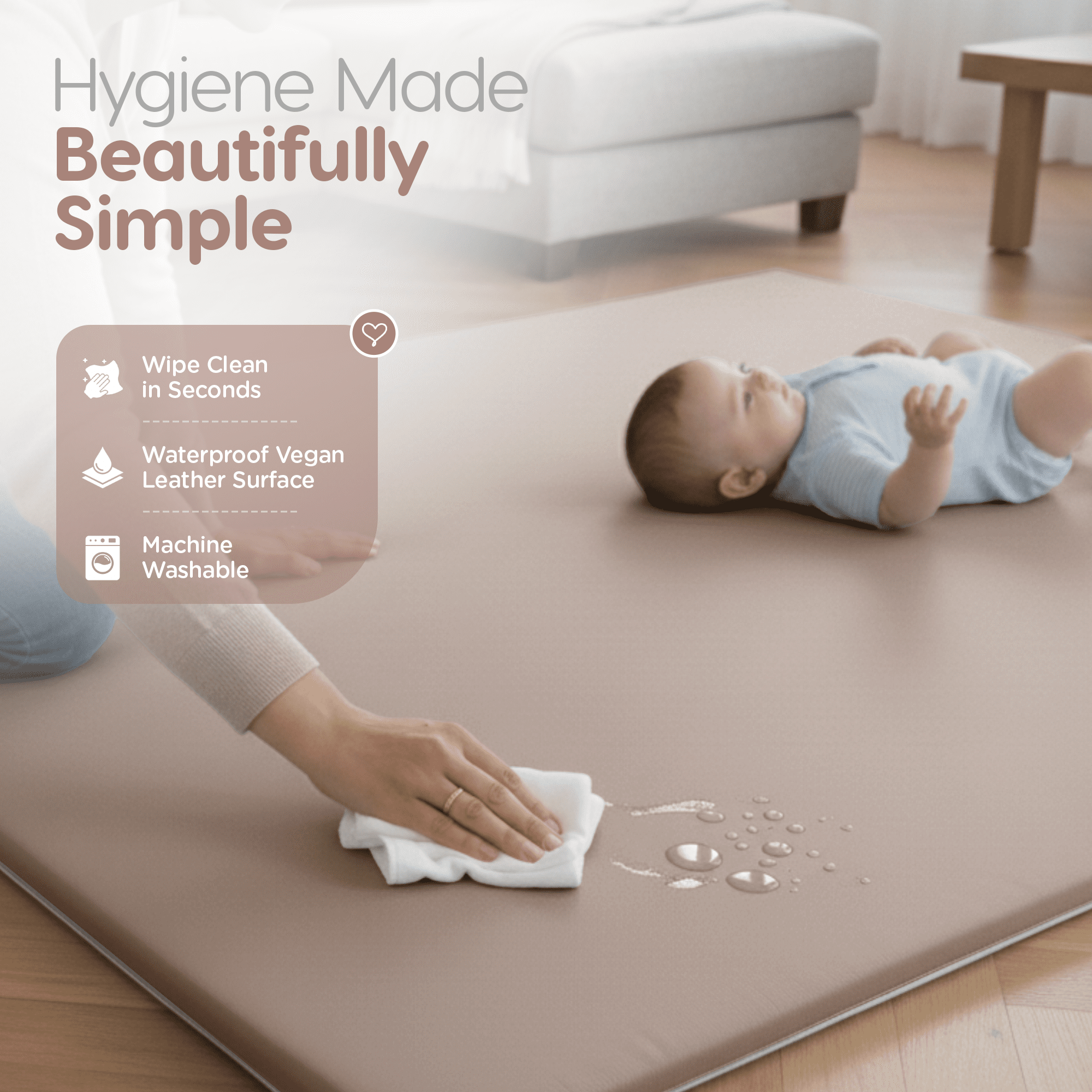 Sleepah Baby Play Mat for Floor 50" x 50" – Waterproof Vegan Leather Tummy Time Mat – Easy to Clean with Removable Cover – Foam Support with Non-Slip Bottom for Infant, Kids & Toddler Crawling - Tan