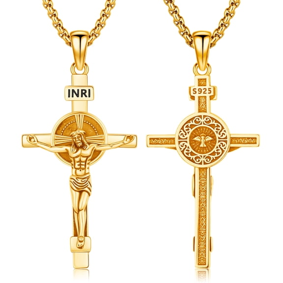 Drinsper 18K Gold Plated Crucifix Cross Necklace for Men Women, 925 Sterling Silver Catholic Jesus Cross Christian Jewelry Protection Amulet Pendant Necklace