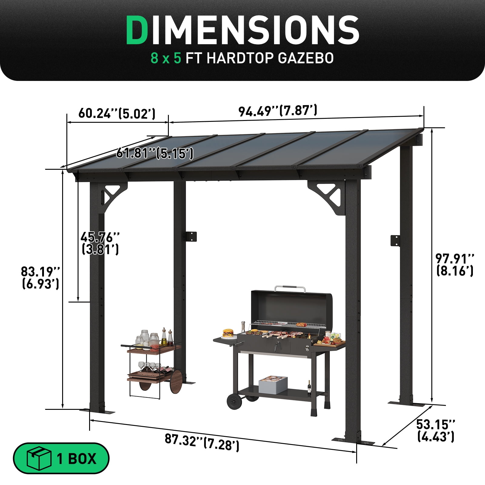 Aoxun 8' x 5' Gazebo for Patio, Gazebo Pergola with Sloped Roof, Grill Gazebo Large Wall-Mounted Heavy Duty Awnings, for Backyard, Deck, Patio