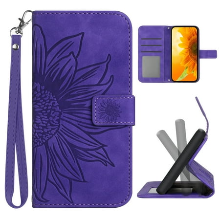 Mantto for OnePlus 10 Pro 5G 6.7 inch Wallet Case with Wrist Strap,Stylish Sunflower Embossed PU Leather Shockproof Protective Magnetic Clasp Flip Kickstand Card Slots Phone Cover,Darkpurple