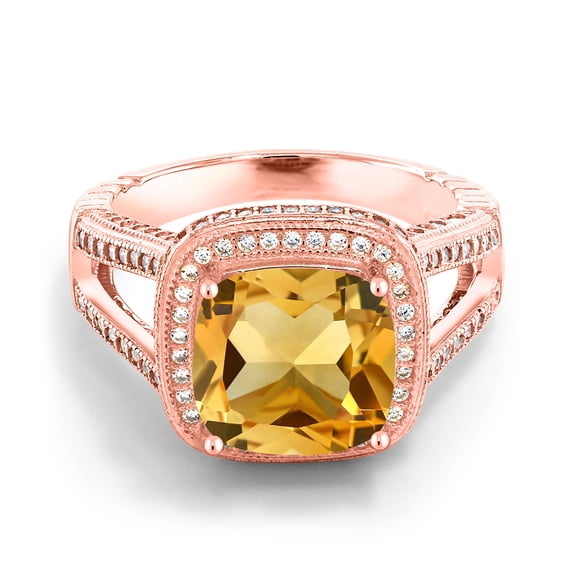 Gem Stone King 5.47 Ct Cushion Yellow Citrine 18K Rose Gold Plated Silver Ring (Size 5)