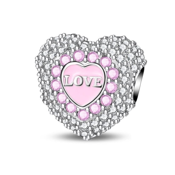 KUNSIR 925 Sterling Silver Premium Heart Bead Pave CZ Heart Charm For Bracelets
