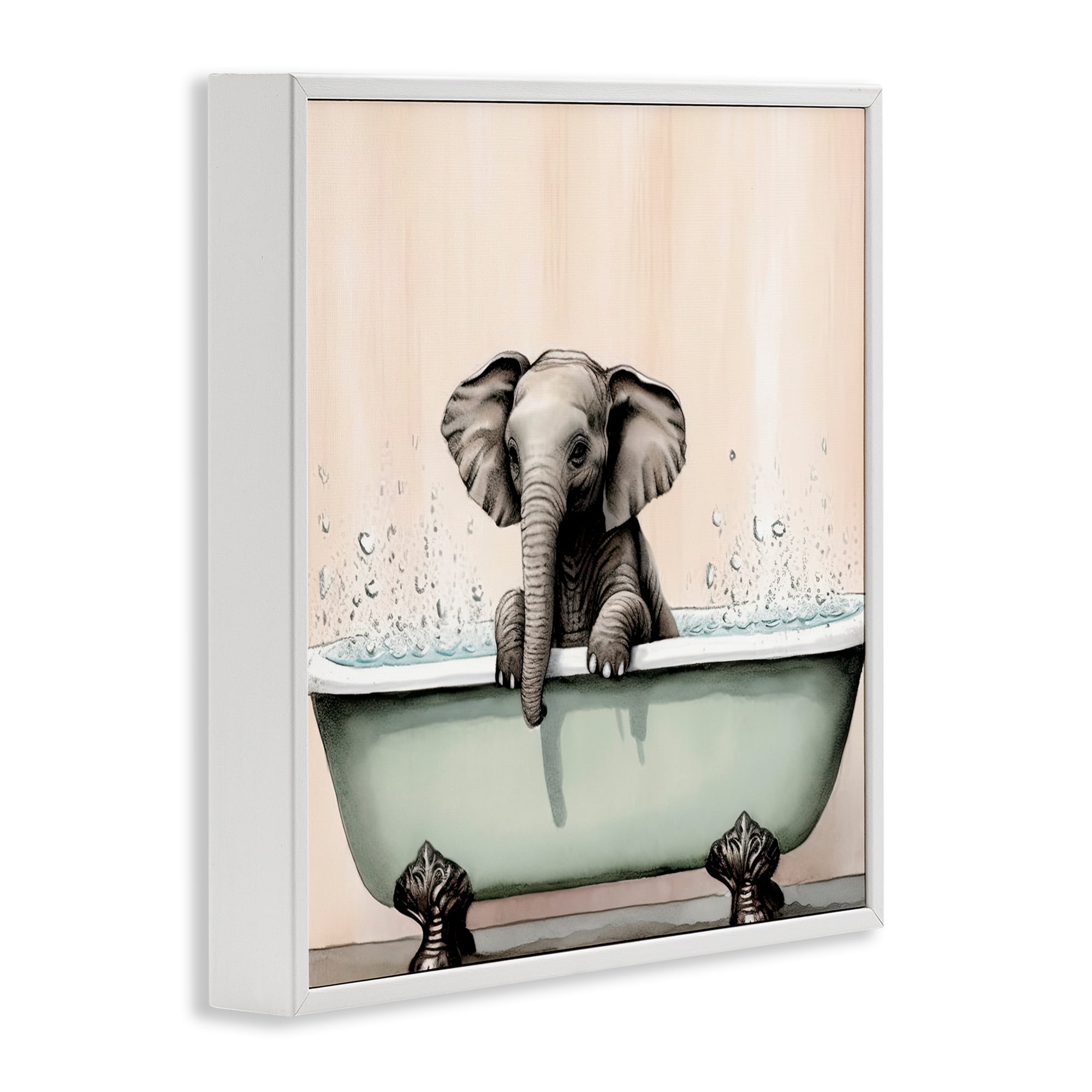 Baby Elephant Bathtime White Framed Giclee Art, design by Sasha