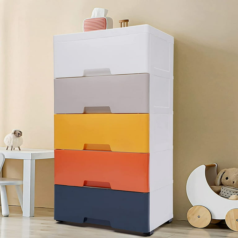 Stackable Plastic Storage Drawers with Wheels Plastic Storage Cabinet with  5 Drawers Clothes Storage Tower