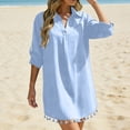 thumbnail image 2 of ZToonmas Women's Tassel Hem Beach Cover-up Shirt Dress Roll-up Sleeve Notch Collar Swimwear Cover Casual Bikini Tunic for Vacation, 2 of 7